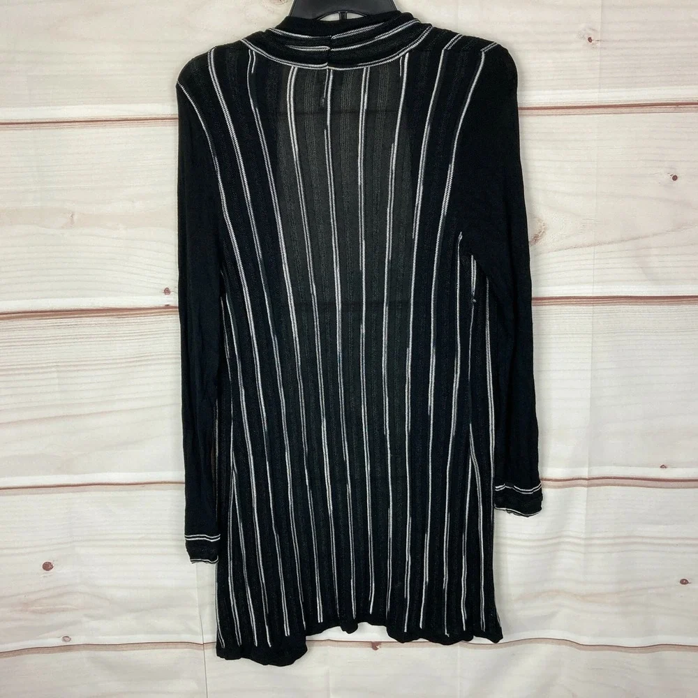 Chicos Travelers Cardigan Womens 0 S Black Stripe Open Front Sweater Long Sleeve